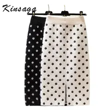 Kinsaga Polk Dot женские трикотажные мохеровые юбки эластичные с высокой талией сзади юбки средней длины с разрезом Осень Зима Толстая облегающая юбка карандаш