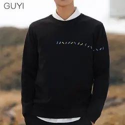 GUYI черный однотонный простой узор вязаный мужской свитер Красочный перо вышивка джемпер мужской повседневный спортивный осенний Модный