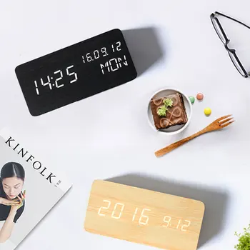 

Multifunctional LED Wooden Electronic Digital Alarm Clock with Light Mute Temperature Dual Display USB Clock YU-Home