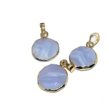

Gold Bezel Natural Chalcedony Stone Round Pendant 2020 Stripe Energy Simple Creative Blue lace Agates Necklace Pendant for women