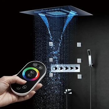 

Bathroom 64 Color Big LED Shower Set Faucets System Embedded Ceiling Spa Rainfall 800*600mm Shower Head Thermostatic Valve Mixer