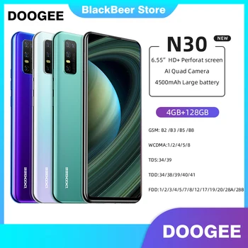 Перейти на Алиэкспресс и купить DOOGEE N30 6,55 дюйммобильный телефон Android 10 восьмиядерный смартфон 4 Гб + 128 ГБ 16 МП Al Quad задняя камера мобильный телефон 4180 мАч 3 слота для карт