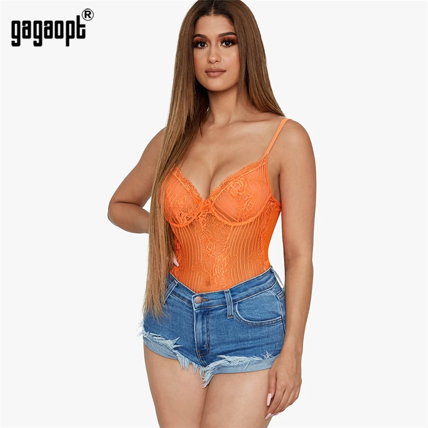 red bodysuit Gagaopt Sexy Lace Bodysuit Backless Sheer Lace Mesh Teddies Women Jumpsuits Skinny Neon Fashion Straps Bodysuits mesh bodysuit