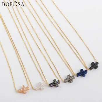 

BOROSA 5Pcs Fashion 16.5inch Cross Druzy Pendant Necklace Jewelry, Rainbow Titanium Natural Druzy Adjustable Necklace G1890