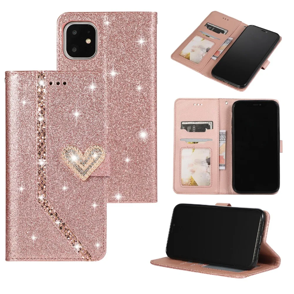 Sparkle Bling Glitter Case For iPhone 13 12 Mini 6 6s Plus 7 8 Leather Wallet Flip Phone Cover For iPhone 11 Pro Max XR XS Capa iphone pouch with strap