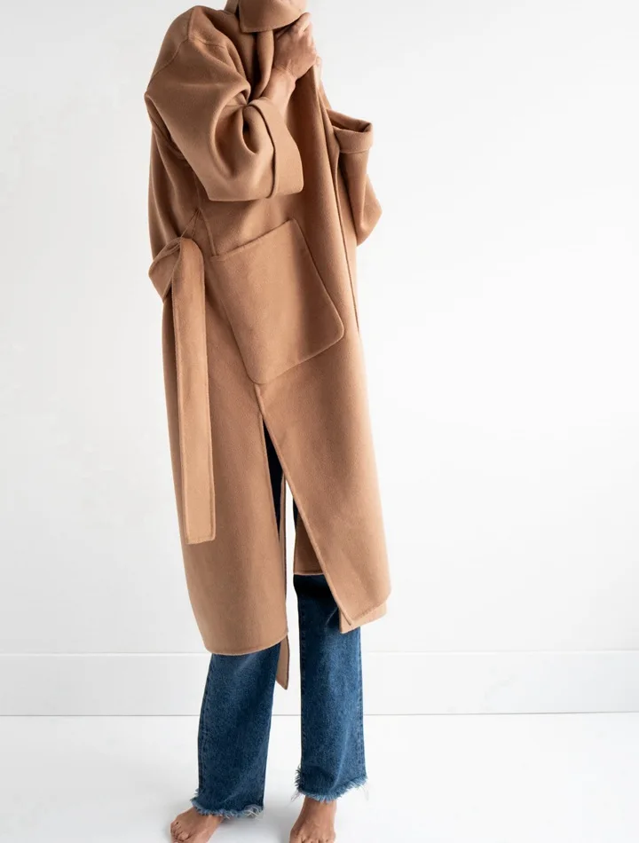 Западный стиль зимнее женское трехцветное повседневное драповое приталенное шерстяное пальто с длинным рукавом на шнуровке