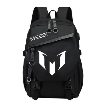

Messi Backpacks Boys Nylon Black Large Capacity USB Charge School Bags for Teenagers Boys Luminous Student High Schoolbag