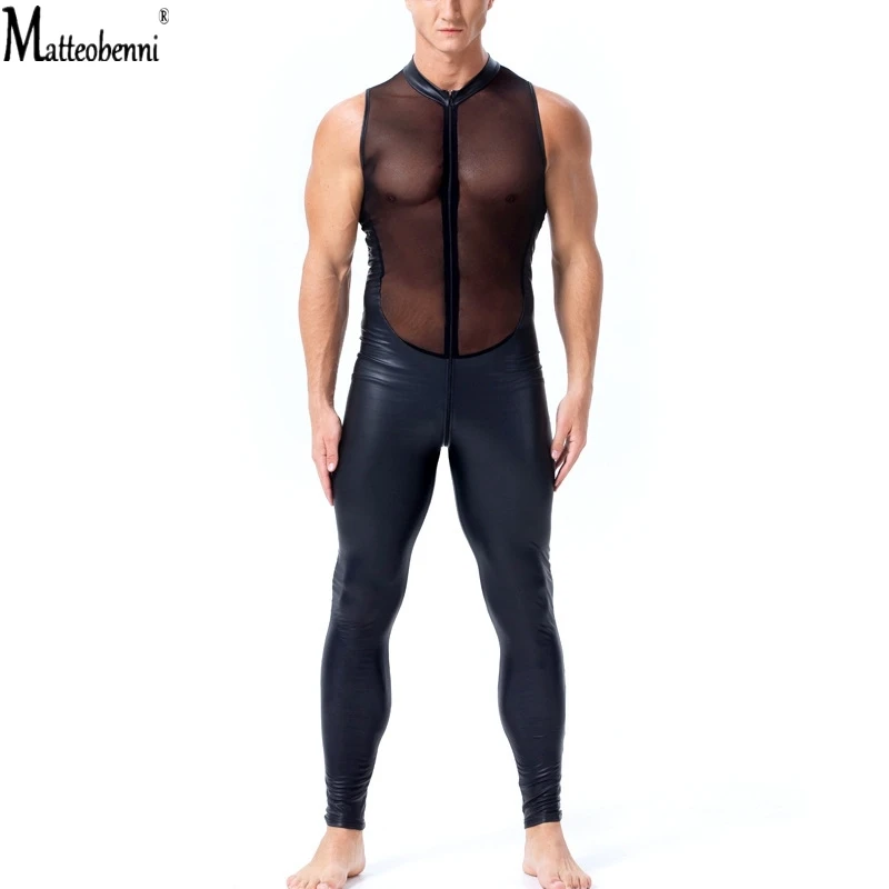 

Men Sexy Faux Leather Catsuit PVC Latex Body Suit Front Zipper Open Crotch Bodysuit Clubwear Fetish Gay Erotic Lingerie Costumes