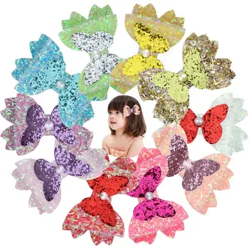 

free shipping 10pcs 3”Kids party glitter butterfly bow hair clips PVC glitter bowknot with pearl hair bows