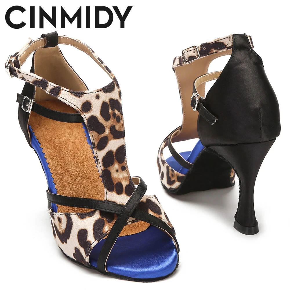 Leopard Satin Sexy Latin Dance Shoes Tango Salsa Rumba Samba Professional Ballroom Dancing Shoes Women Sandals 5CM-10CM