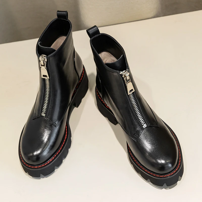 Женские ботинки; ботинки из натуральной кожи; черные ботинки Martens; женские ботильоны; мотоботы; зимняя обувь на платформе и толстом каблуке