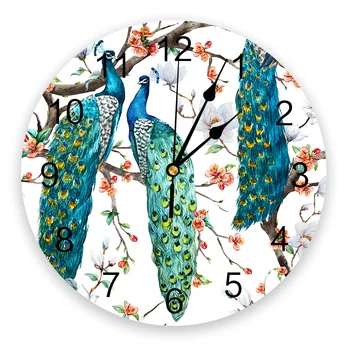 

Three Peacocks Standing On A Branch Wall Clock Silent Non Ticking Kids Room Decorative Clock for Home Living Room Bedroom