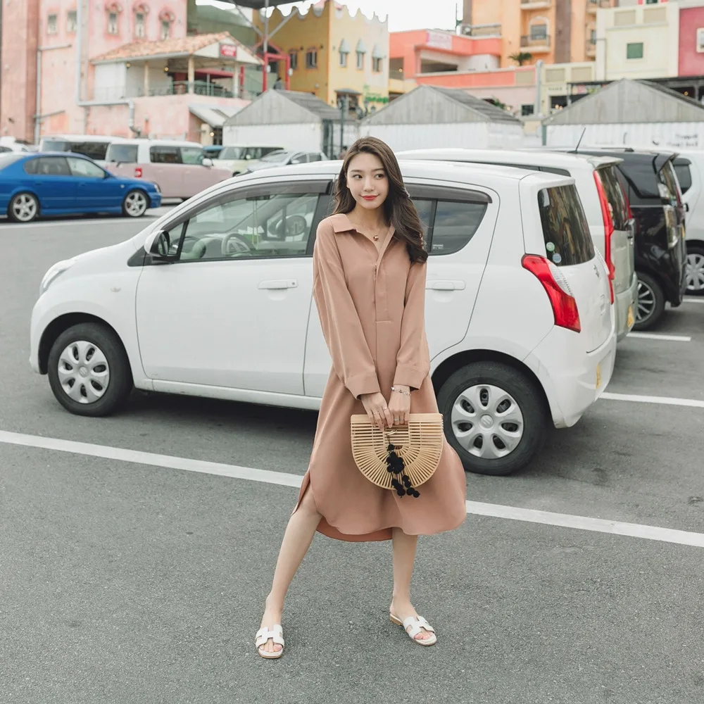 

2018 Autumn New Style Korean-style WOMEN'S Wear Fashion Slit Retro Waist Hugging Slimming Mid-length Shirt Dress