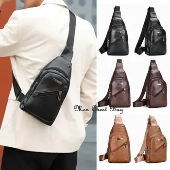 

New Fashion Sling Men's Black Leather Crossbody Shoulder Bag Chest Bag for Hiking