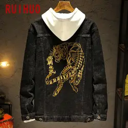 RUIHUO джинсовая куртка с вышивкой тигра, мужская уличная куртка, джинсовая куртка в стиле хип-хоп, мужское зимнее пальто, мужская куртка