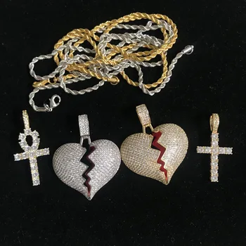 

Pendant Men's Zircon HIP POP Necklace Chain Broken Heart Mixed Color Gold Large Stainless Steel Chain