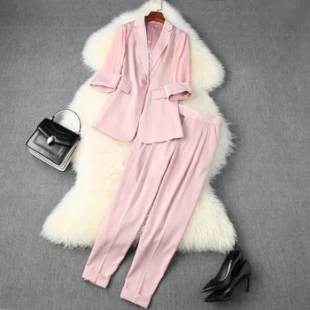 

Women's Pant Suits Pink Autumn 2020 New Notched Collar Single Button OL Small Jacket + High Waist Harem Pants Ankle Length