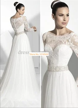 

Elegant Neck A-line vestido de noiva V-Neck Waist Long Sleeve 2018 Lace Chapel Train Bridal gown mother of the bride dresses