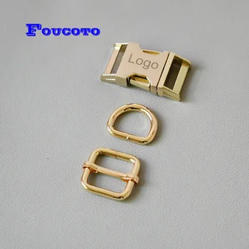 

20 sets engrave logo Dog collar metal buckle D ring adjuster buckle slider heavy hardware 15mm webbing straps sewing accessories