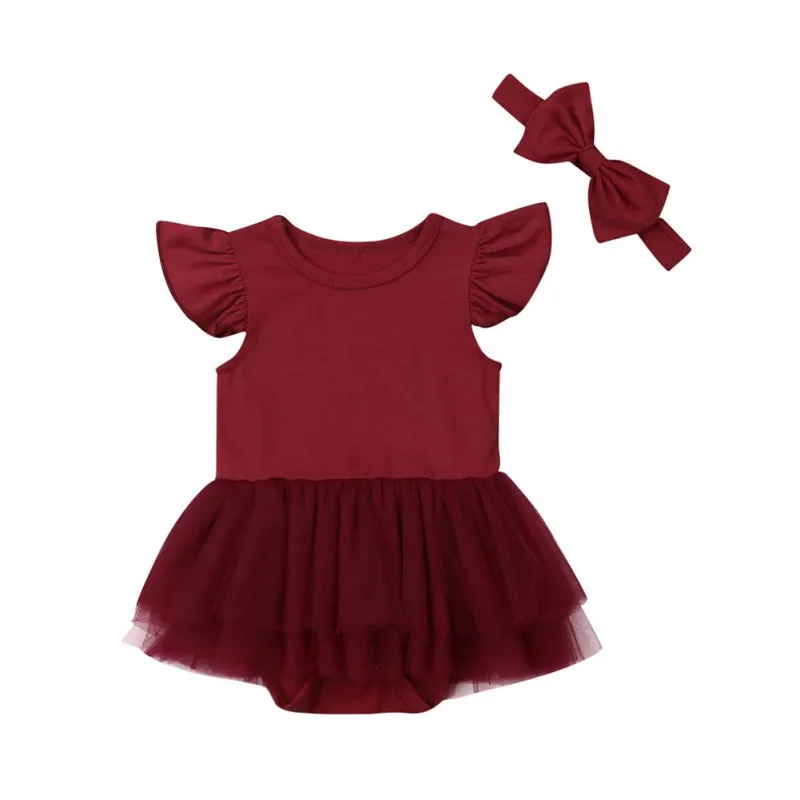 

Summer Newborn Baby Girls Mesh Rompers Dress Set Flare Sleeve Bodysuit Jumpsuit With Headband