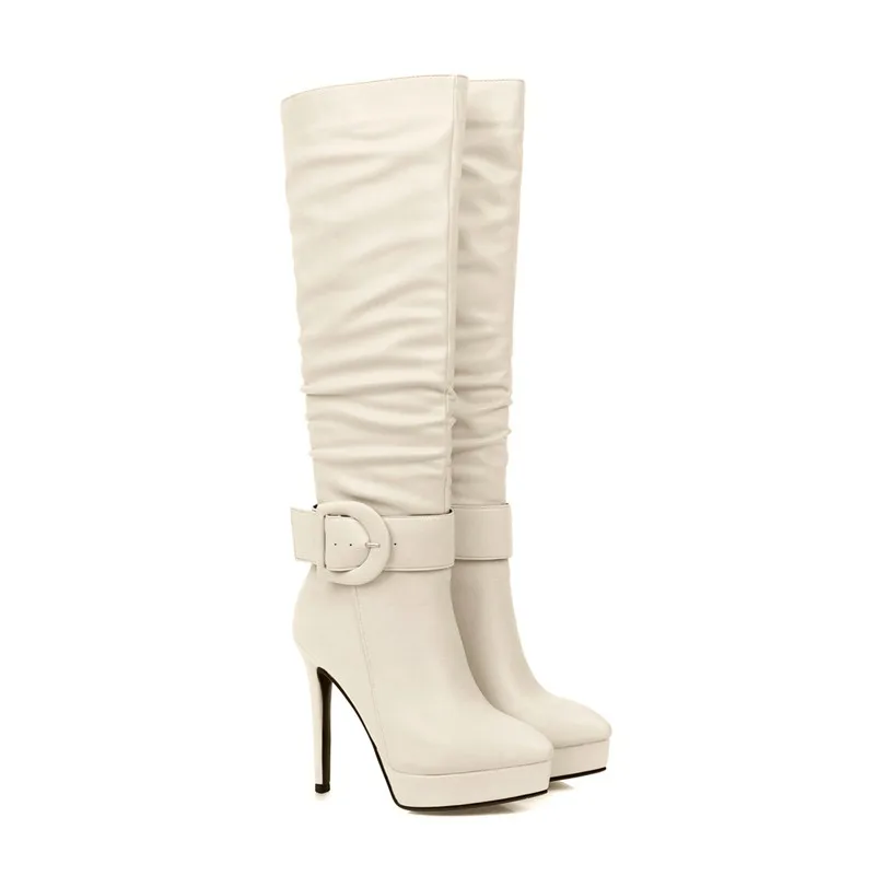 ANNYMOLI Winter Knee High Boots Women Buckle Stiletto Heel Tall Boots Pleated Super High Heel Shoes Female Autumn Big Size 3-12 - Цвет: Beige