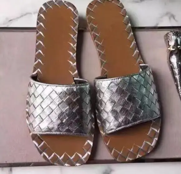 Модные брендовые плетеные шлепанцы; Sandalias Mujer; женская повседневная обувь из натуральной кожи на квадратной подошве; цвет золотой, серебристый, черный - Цвет: as pictures