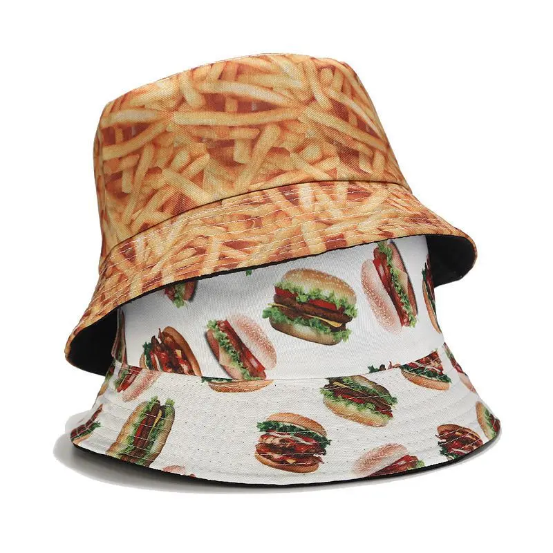 

2020 New Fashion Summer Potato Chips Hamburger Printed Fisherman Caps Reversible Bucket Hats Gorro Pescador Men Women