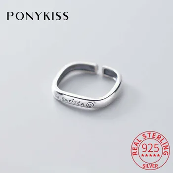 

PONYKISS S925 Sterling Silver letter Smiley adjustable opening Square Ring for Women Fine Jewelry Accessory Party girls Gift