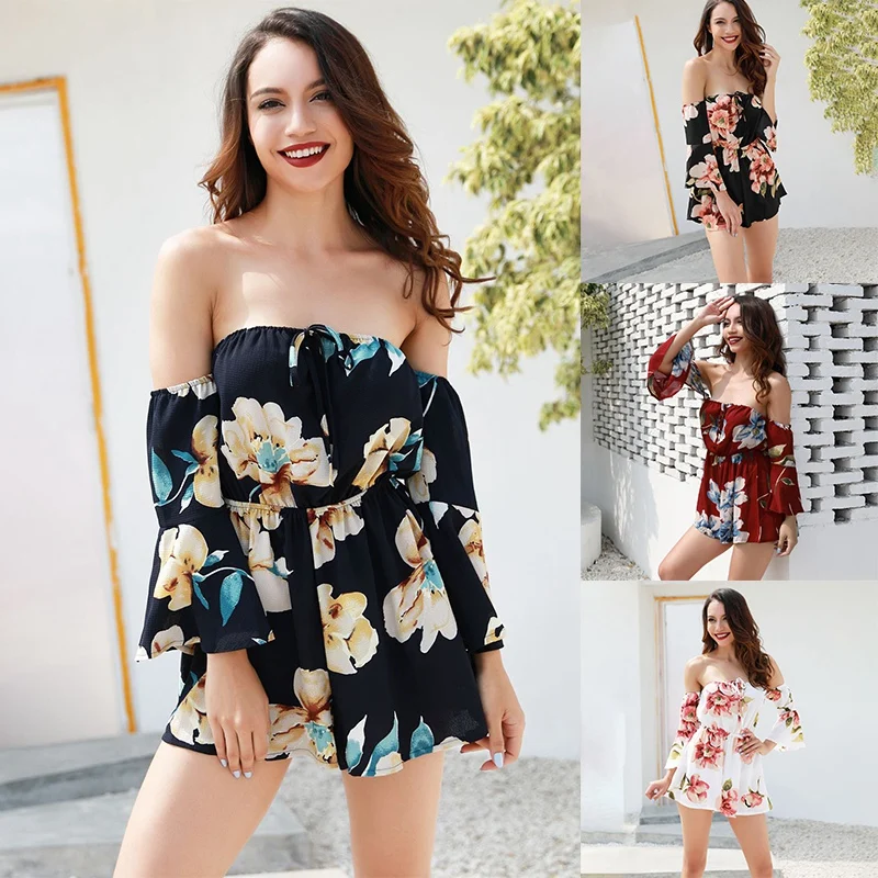 

Summer Floral Print Jumpsuit Off the Shoulder Slash Neck Beach Cloth Casual Flare Sleeve Women Onesies