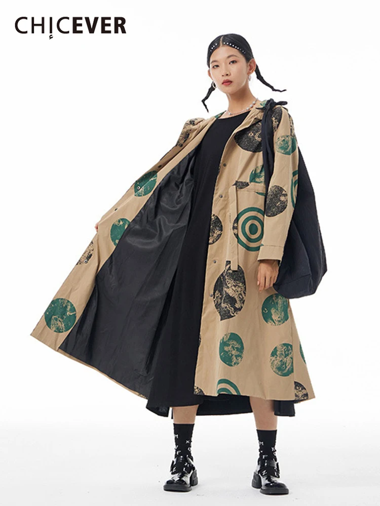CHICEVER Streetwear Print Trench For Women Hooded Collar Long Sleeve Single Breasted Casual Coats Female 2021 Autumn Clothes New | Женская