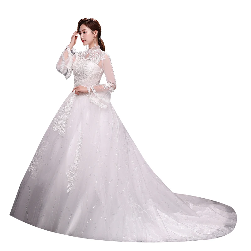 

2019 New Chinese Style High Neck Long Sleeve Wedding Dress Beautiful Lace Embroidery Illusion Simple Wedding Gown Robe De Mariee
