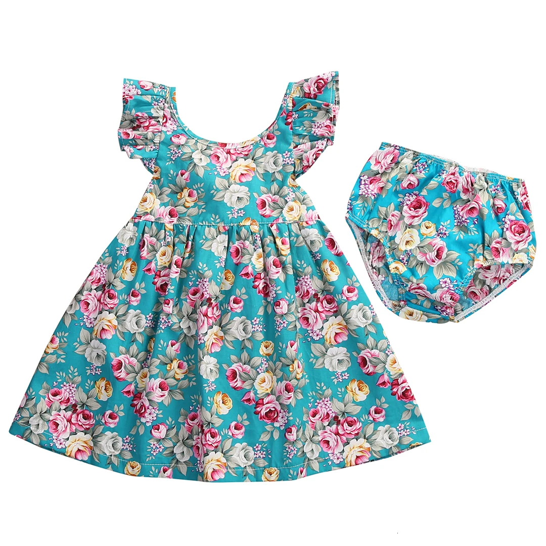 Милое летнее платье с оборками и цветочным рисунком для маленьких девочек, сарафан трусики, комплект одежды