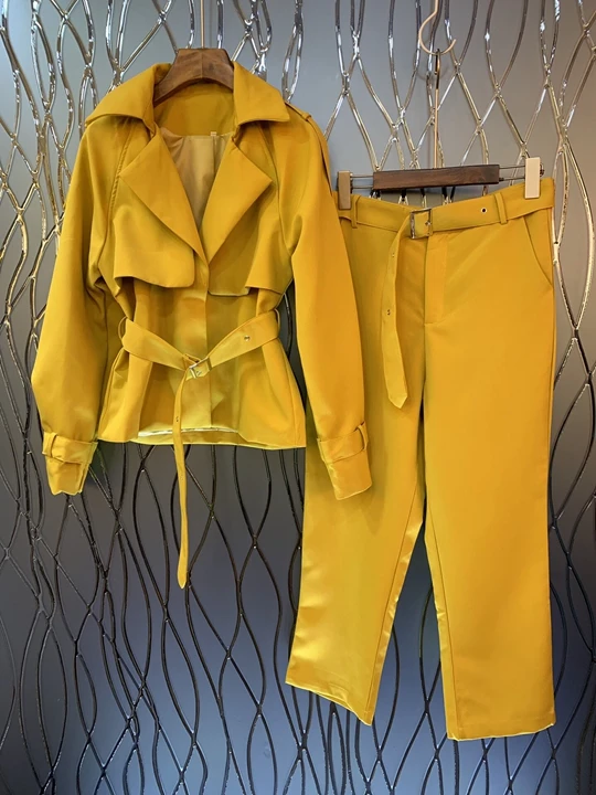 

2019 Early Autumn New Woman Turn-over Tie, Receive Waist Long Sleeve Jacket + Button Trousers Pure Color Suit 823