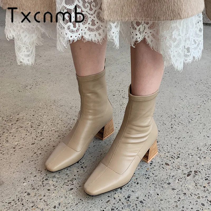 

TXCNMB Top Quality Boots Women High Heel Square Toe Zipper Autumn Winter Ladies Shoes Woman Female Elegant Office