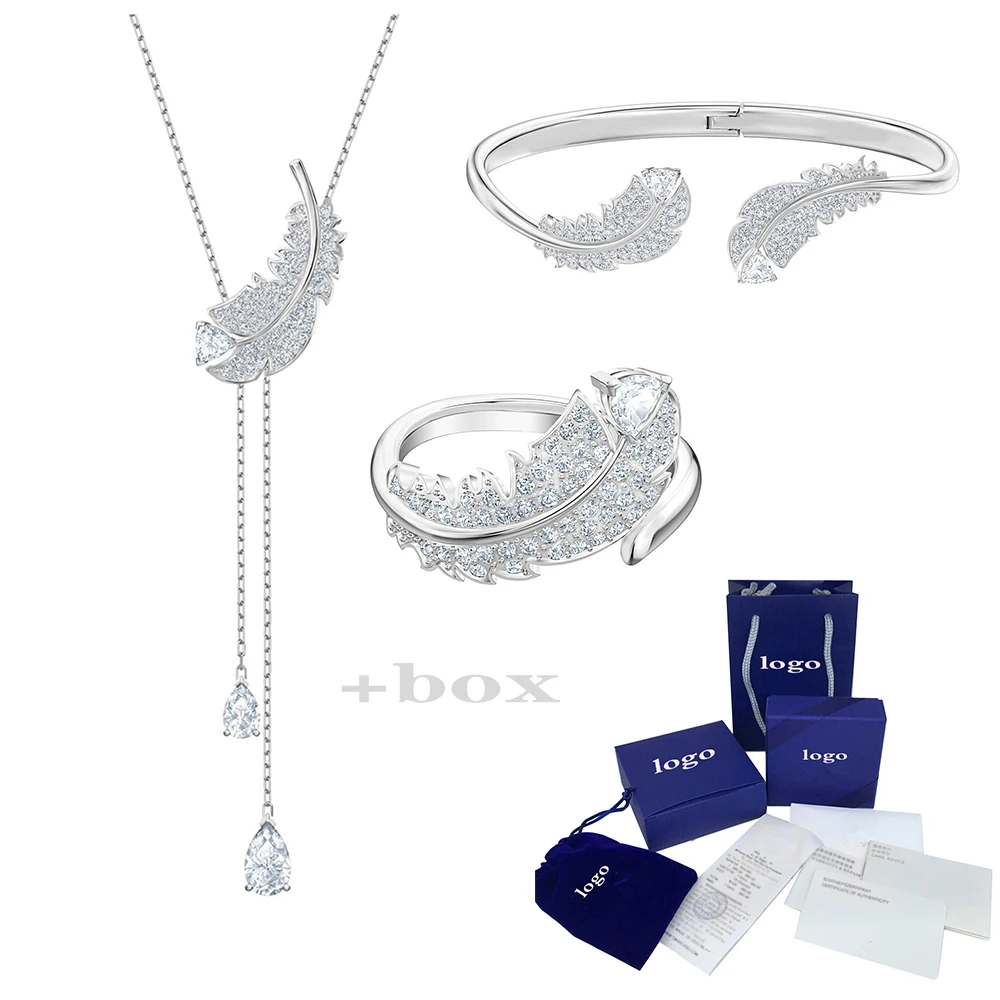 

MULIER SWA 2019 Nice Collection Exquisite silver color feather necklace Bracelet Ring set 5493391 5482915 5482913 Preferr Gift
