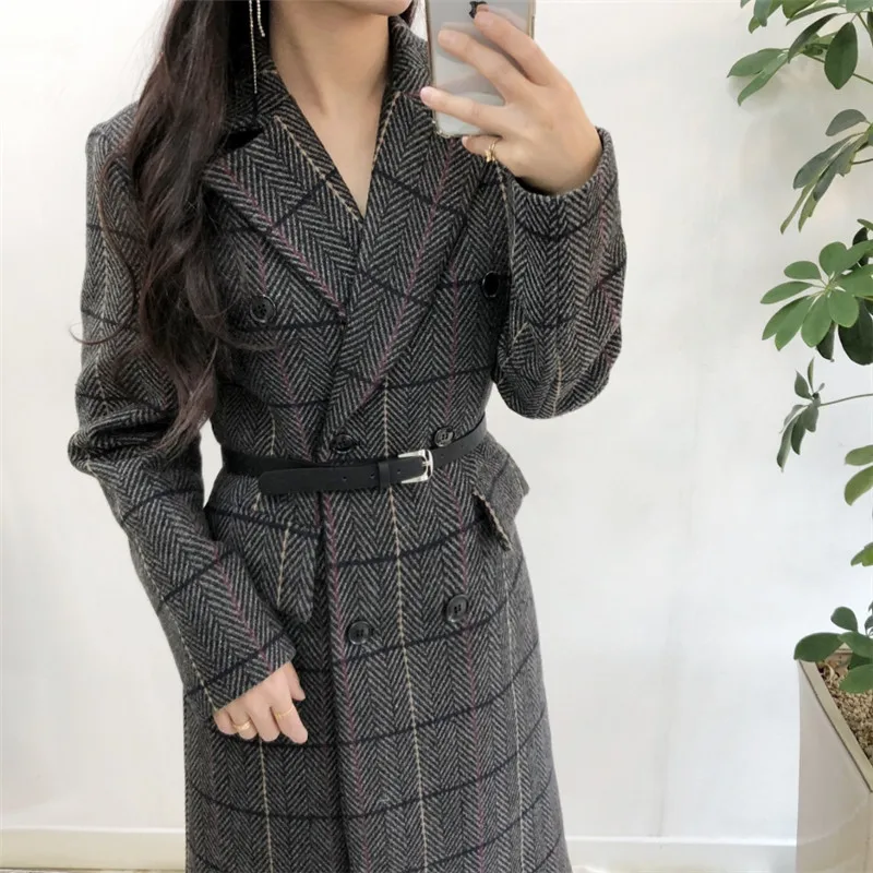 

Women Winter Coat Wool 2020 New Temperament Suit Collar Yarn-dyed Herringbone Over The Knee Belt Korean Coats Women