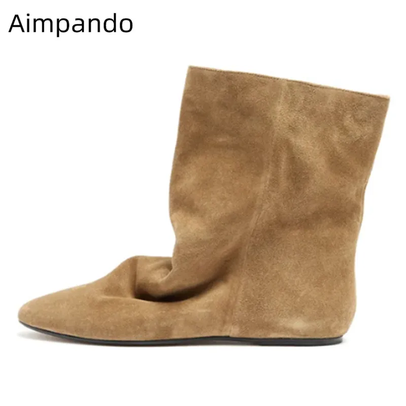 

Chic Pleated Boots Women Comfort Plat Heel Solid Suede Casual Bottes Round Toe Slip On Botas Old Colors Concise Boots Woman