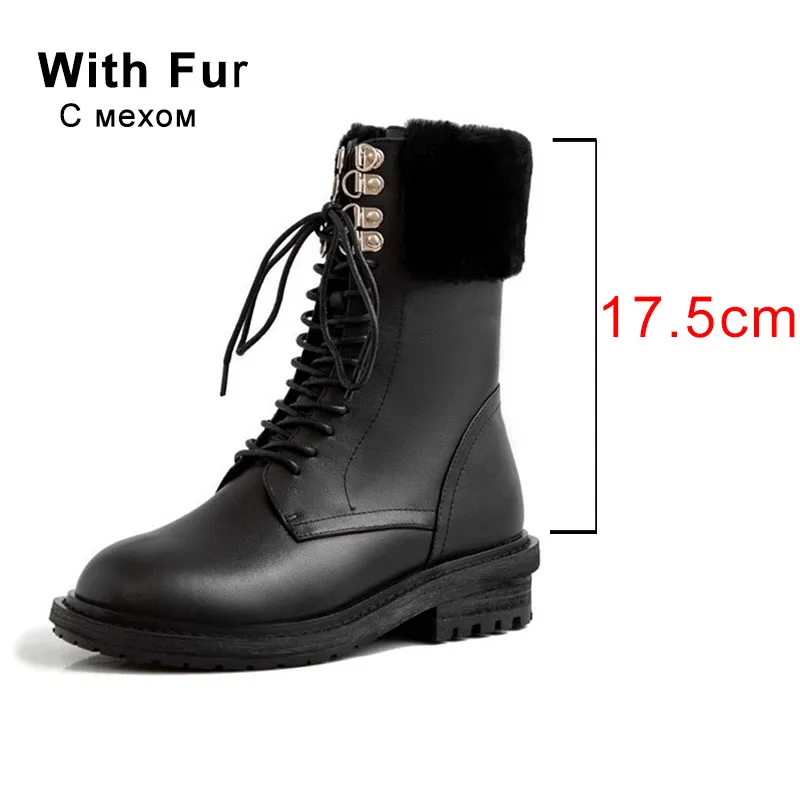 TAOFFEN/женские зимние плюшевые ботинки на меху; ботильоны из натуральной кожи; женская обувь на плоской подошве; модная теплая обувь на шнуровке; размеры 34-42 - Цвет: black with fur