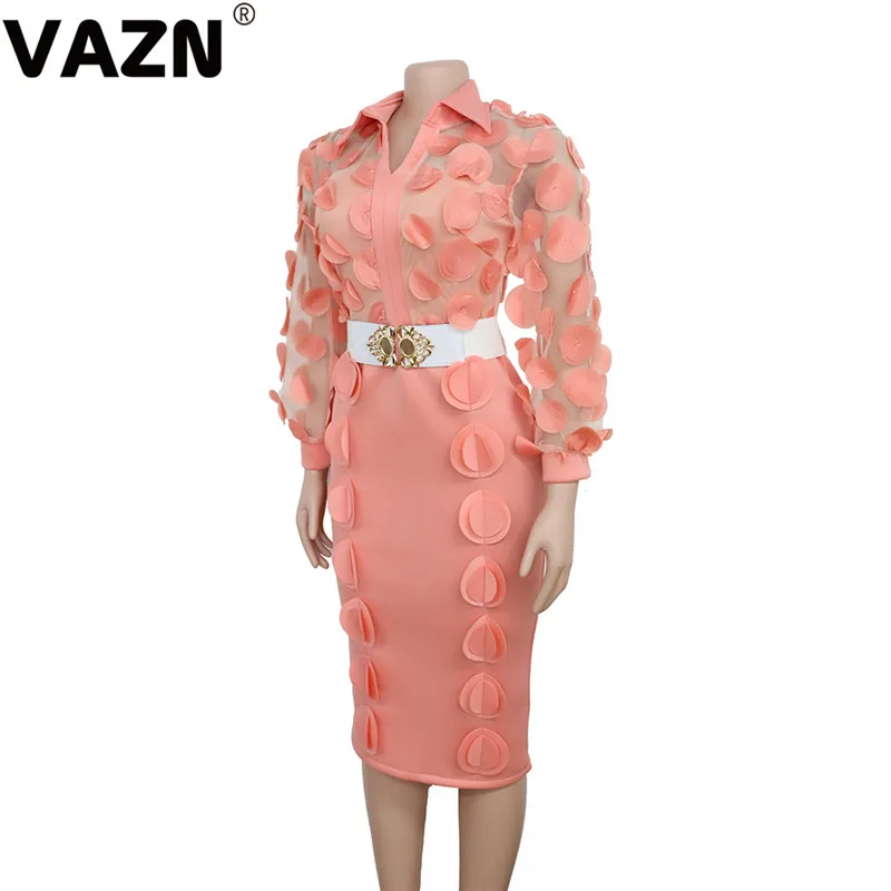 Розовый VAZN XL98125, новинка, для молодой леди, для заметок, высокое качество, неопрятный, для зрелых, сексуальный, прозрачный, однотонный, длинный рукав, высокая талия, для женщин, карандаш, тонкое, миди платье - Цвет: Розовый