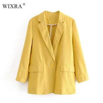 

Wixra Women Blazers Single Button Pockets Yellow Spring Autumn Solid Jackets Notched Outerwear With Sashes Tops