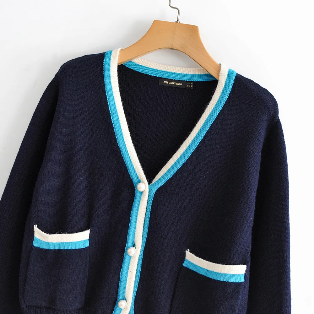 High Quality Autumn Winter Women Sweater cardigans beading pocket Thick Knitted coat femme blue Fashion Casual Femme Jumper coat