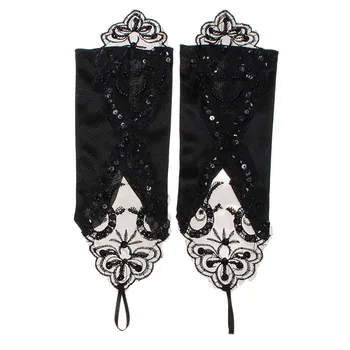 

28 cm Ladies Fashion Sexy Elegant Charming Black Stretch Satin Lace Pearl Finger-less Gloves