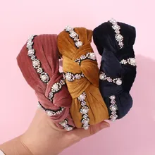 Трендовая повязка для волос с искусственным жемчугом, ювелирное изделие, женский головной убор с золотым бархатом и кристаллами, завязанные головные уборы, аксессуары для волос F0948
