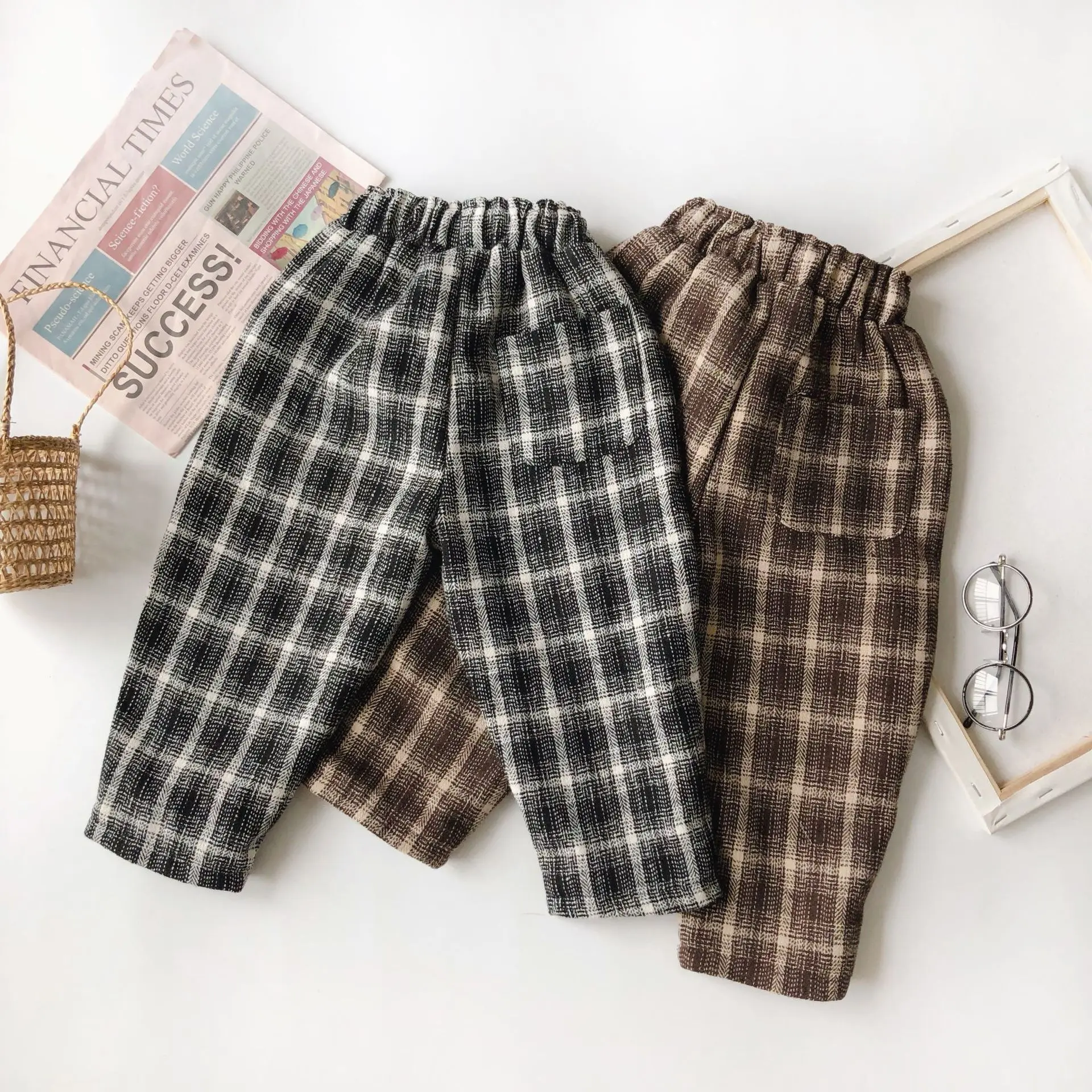 WLG boys girls winter pants kids plaid velvet thick gray brown pant baby warm casual all match trousers 2-6 years