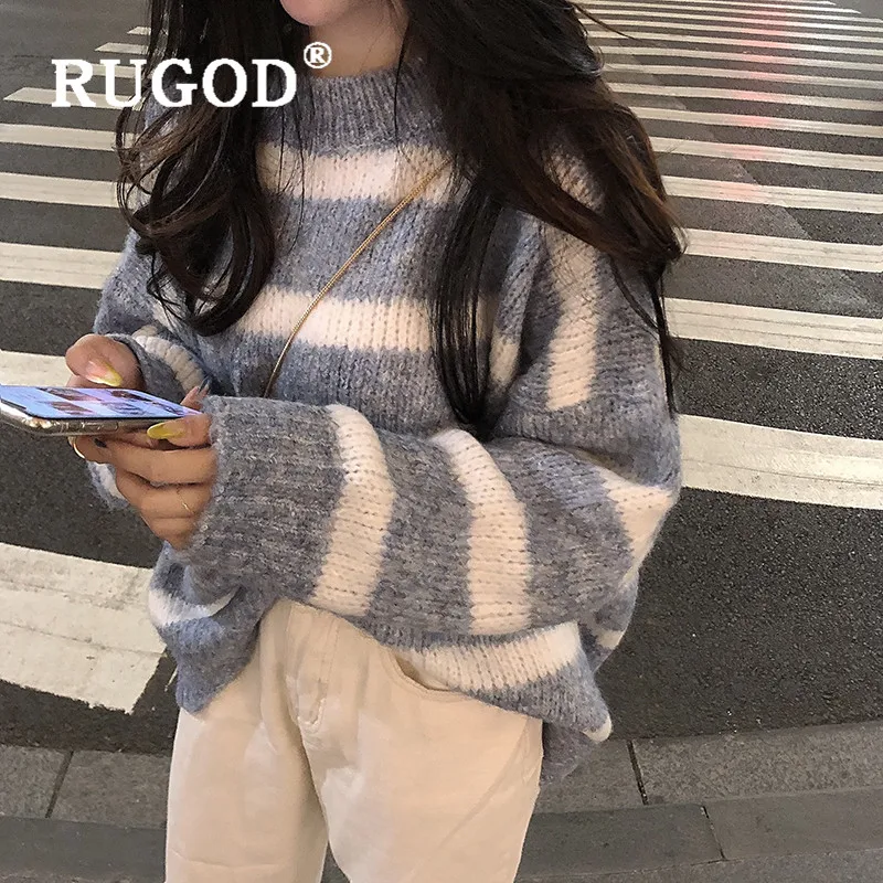 RUGOD, новинка, Зимние поступления, корейский свитер, пуловеры для женщин, с круглым вырезом, в полоску, с узором, свободные, вязанные, модные женские повседневные топы