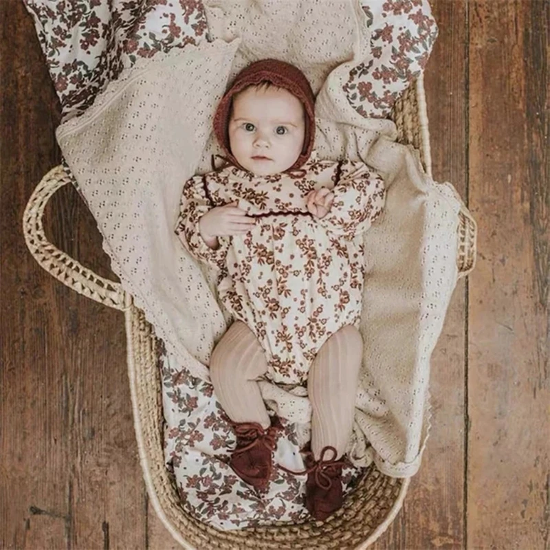 Baby Knitted Cotton Blanket 92x86cm Newborn Receiving Swaddle Wrap with Flower Edge Bath Towel Infant Bedding Stroller Cover 3