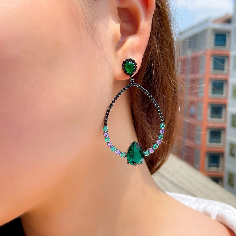 CWWZircon Green Black Cubic Zircon Stone Round Drop Big Party Earring for Women American European Designer Wedding Jewelry CZ913
