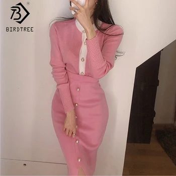 

Ins Korean Style Women Knitting Suits 2020 Autumn Winter Two Pieces Set Single-breasted Tops+Elastic Midi Split Skirts S08209K