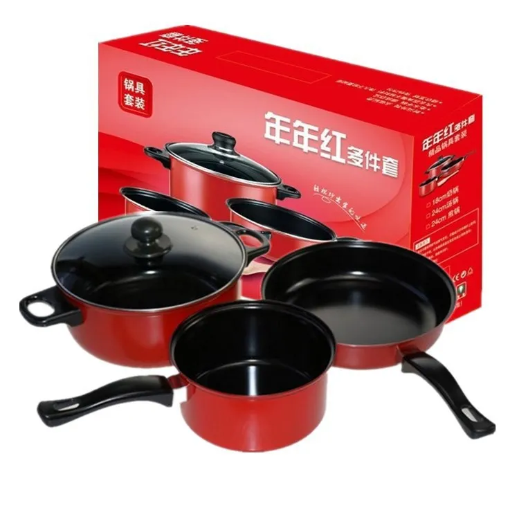 

Annual Red Assortments Flat Non-stick Pot Cookware Set Colorful Non-stick 3pcs Set Will Sell Gifts Wholesale