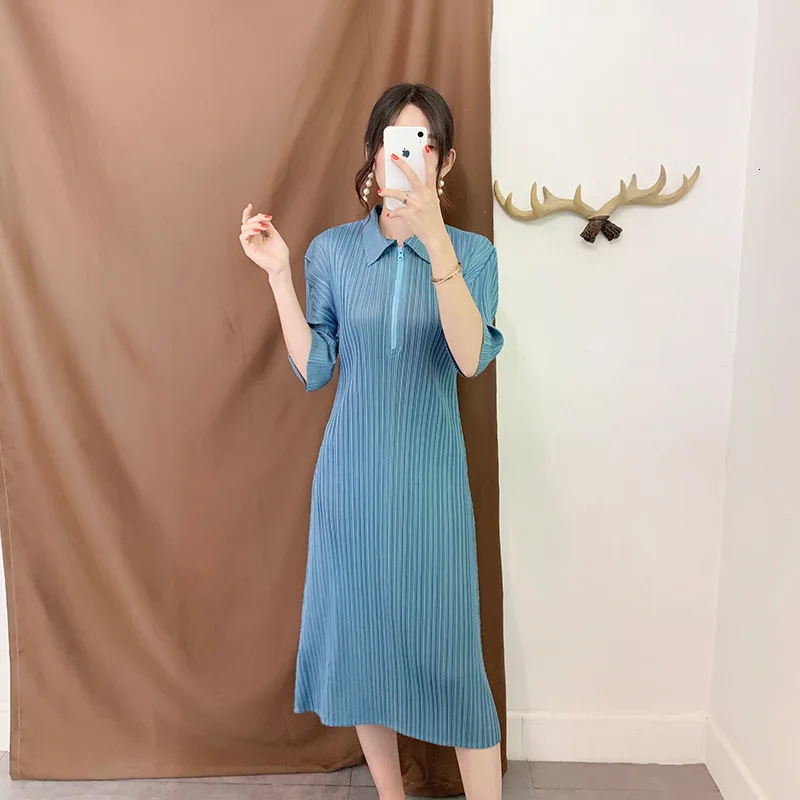 

[DEAT] 2019 New Autumn Pleated Vintage Women Clothes Notched Pullover ZippersThree Quarter Sleeves Slim Dress WJ26